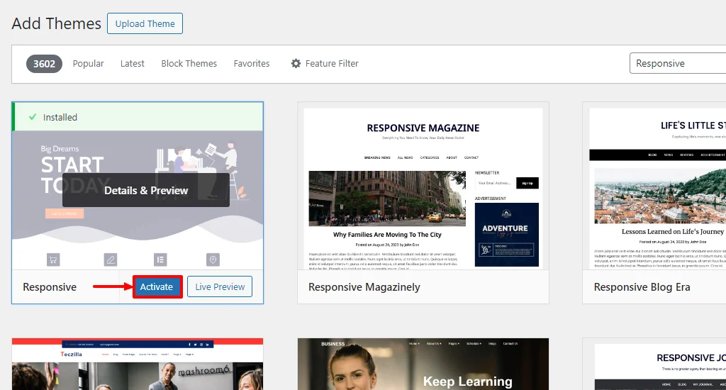 Activating Responsive theme