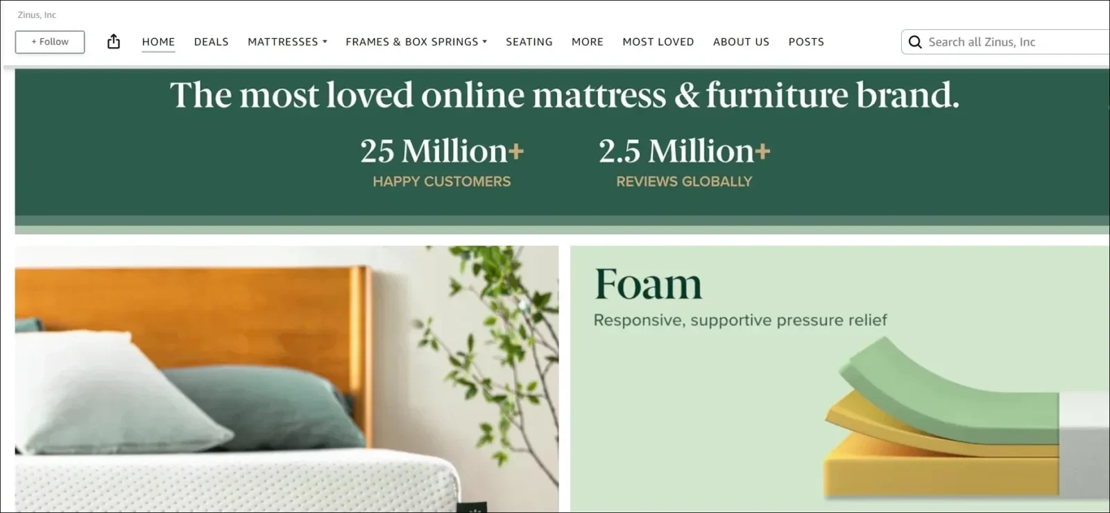 top store page of a mattress brand