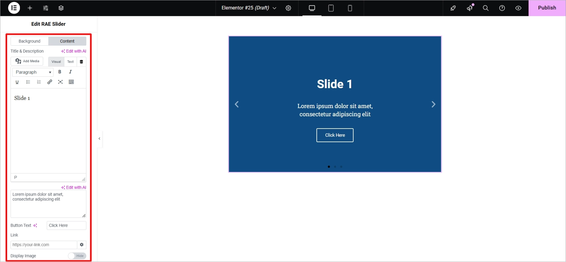 Content tab settings