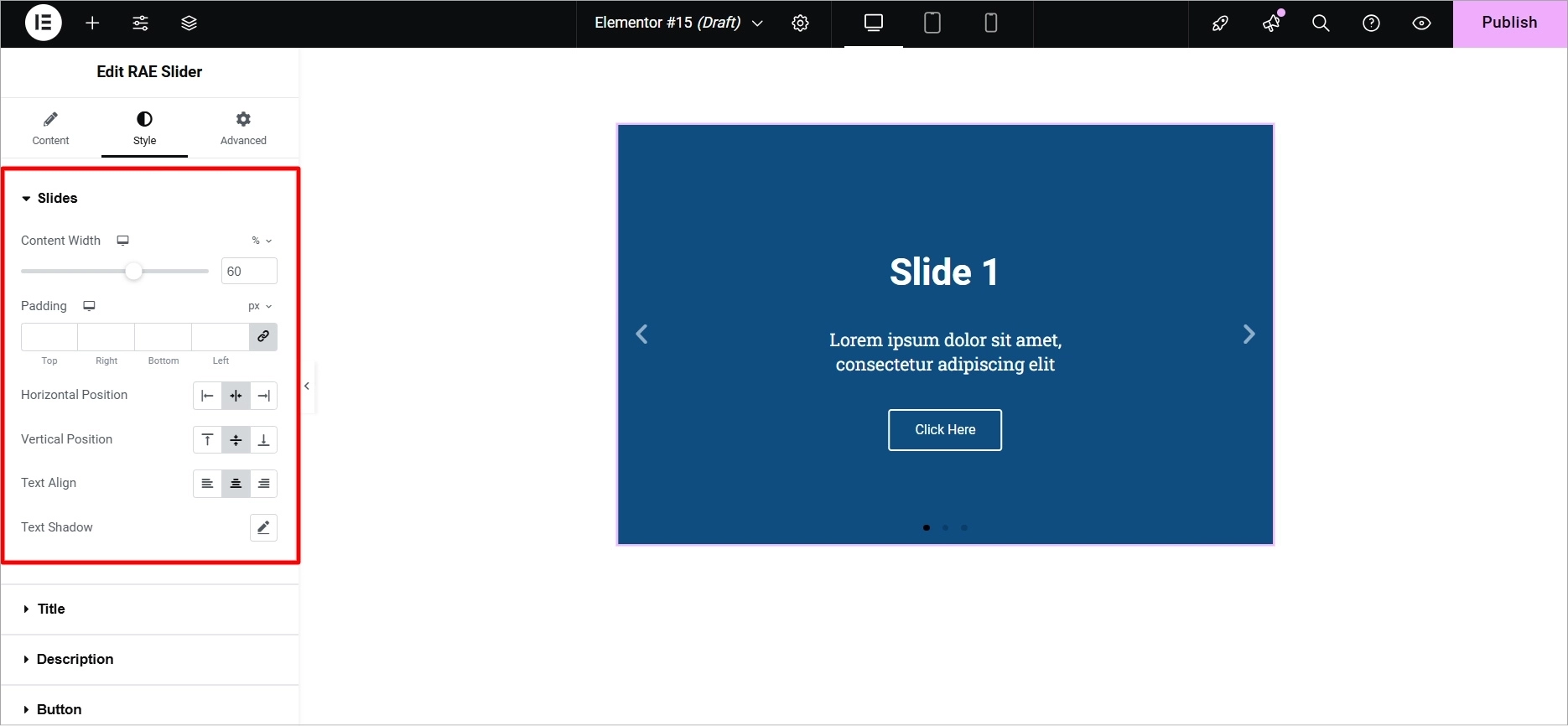 Style settings for slides