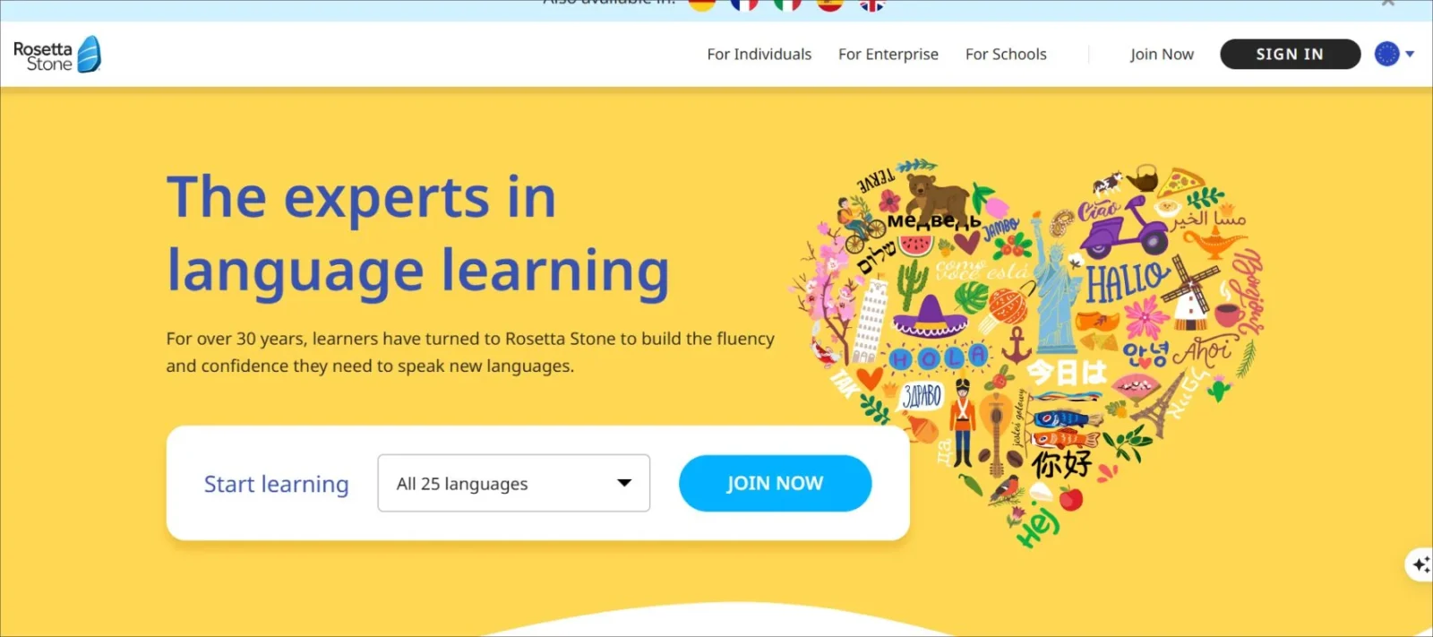 screenshot of rosetta stone webiste of foriegn language software