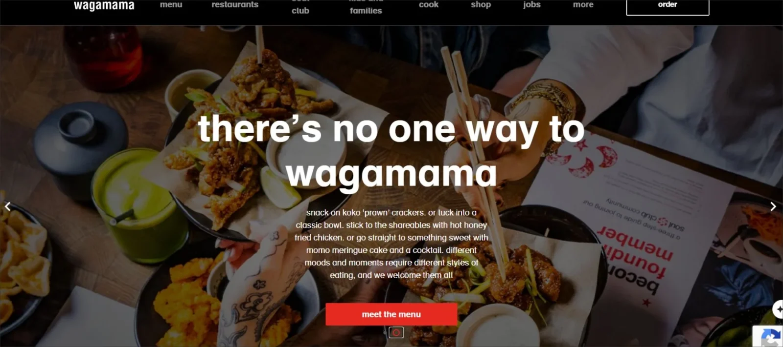 creative homepage layout of wagamama food chain, food chain brand homepage