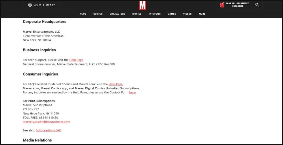 Marvel Contact Page