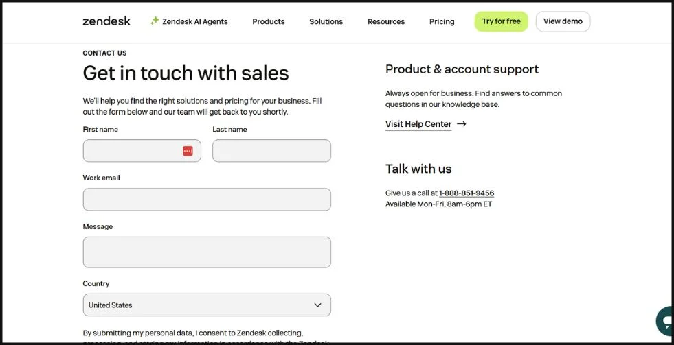 Zendesk Get in touch page